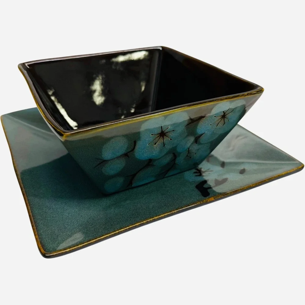 Pier 1 Tranquil Stoneware Square Bowl and Plate Set Blue Floral Teal Brown